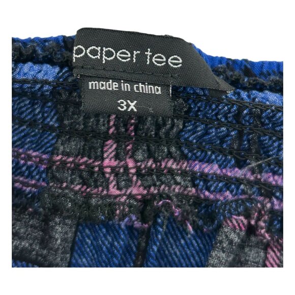 Paper Tee 3X Blue Womens Plus Blouse Plaid Off-Shoulder Button-Up Top Tie-Sleeve - Picture 7 of 11